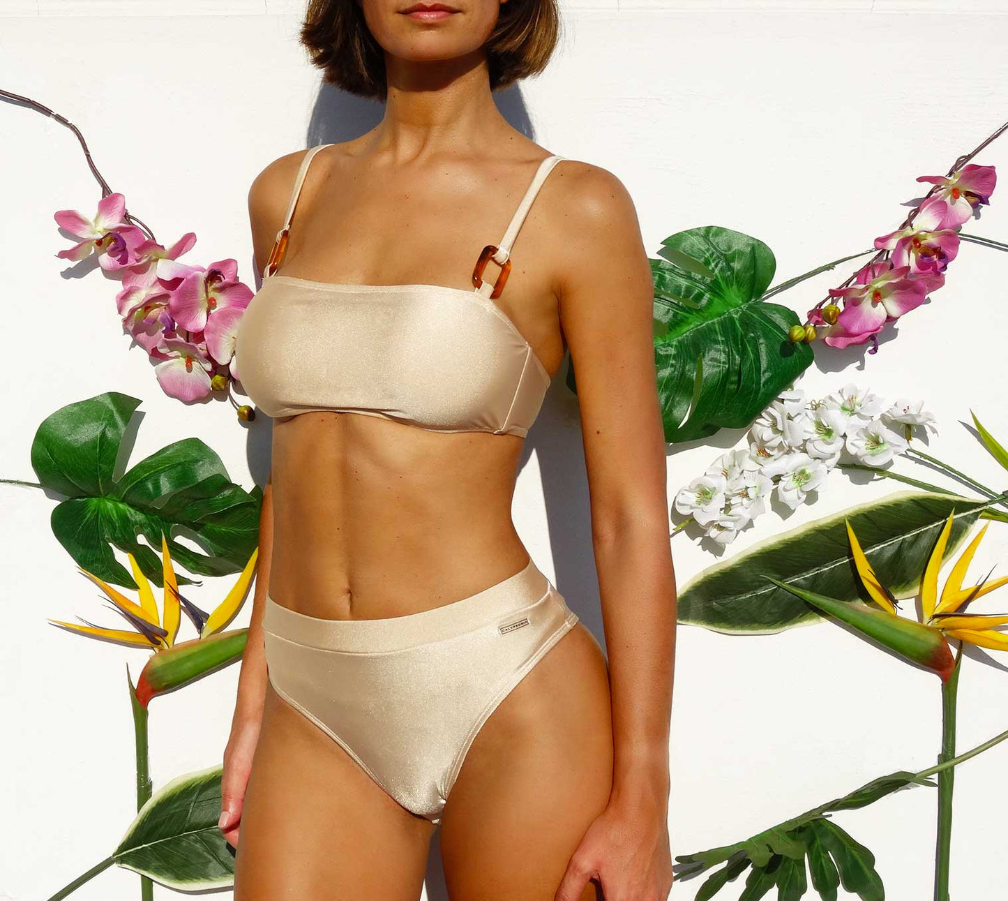 Birkin Bikini Set – Beige Satin | Top with Buckles & High-Waist Bottoms
