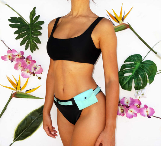 Santa Barbara Bikini Set – Black | High Waist & Vinyl Belt with Mini Pouch